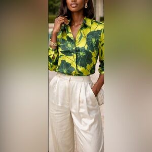 Bailey44 $128 Green Floral Silky Button-Up Luxury Garden Print Long Sleeve Shirt